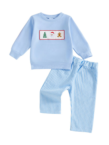 Infant Boys Winter Holiday Outfit Set with Santa Claus Embroidered Sweater and Plaid Pants - Festive Christmas Clothing for