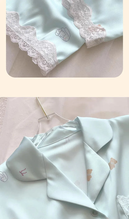 Bear Print Pajamas Women Cool Ice Silk Short Sleeve Pants Loungewear Cardigan Lace Fall and Winter Two-Piece Set Plus Size