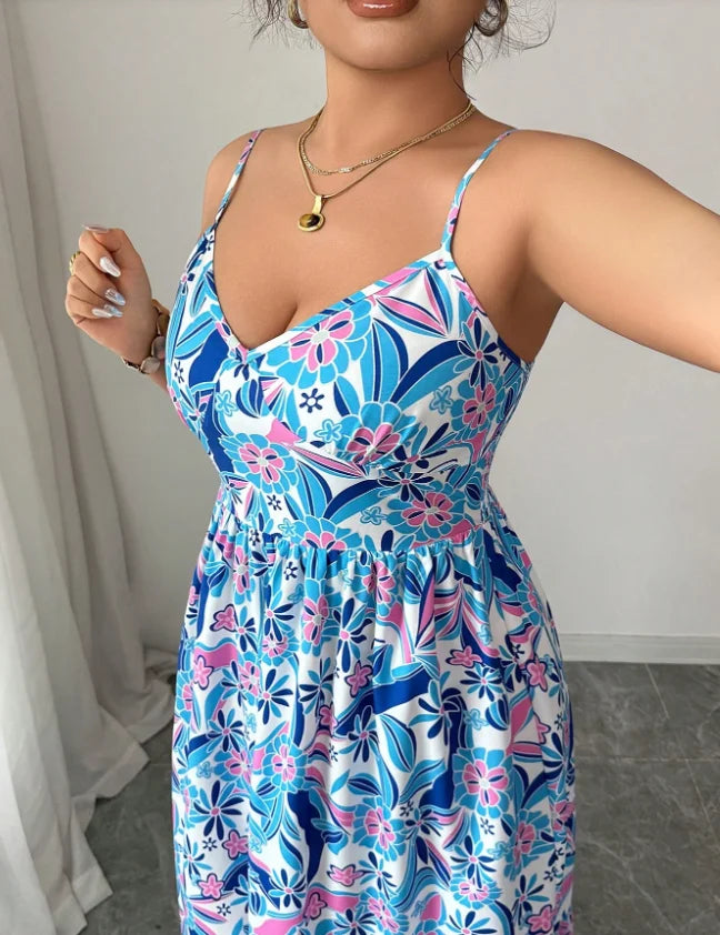 Plus size women's blue and white floral camisole dress; loose fit