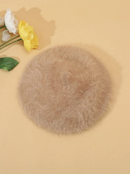1pc Fashionable Classic Warm Solid Color Rabbit Fur Beret Winter Fall