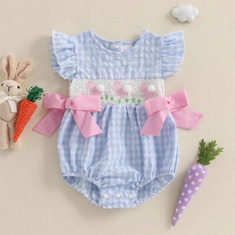 Baby Girls Rompers Easter Clothes Rabbit Embroidery Plaid Fly Sleeve Summer Bodysuits Jumpsuits