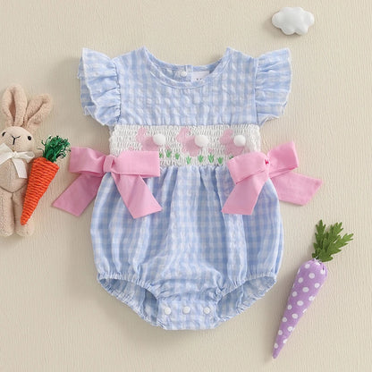 Baby Girls Rompers Easter Clothes Rabbit Embroidery Plaid Fly Sleeve Summer Bodysuits Jumpsuits
