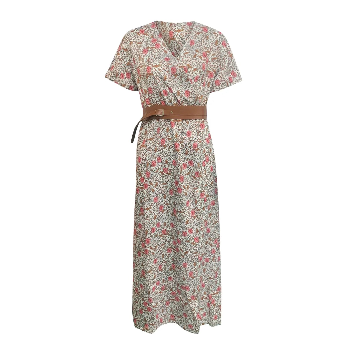 Women Slim Floral Print Long Dresses With Belt  2pcs A Line Maxi Dress Female Short Sleeve Streetwear Dresses