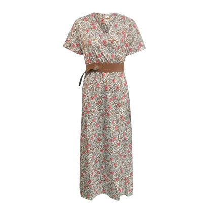Women Slim Floral Print Long Dresses With Belt  2pcs A Line Maxi Dress Female Short Sleeve Streetwear Dresses
