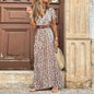 Women Slim Floral Print Long Dresses With Belt  2pcs A Line Maxi Dress Female Short Sleeve Streetwear Dresses