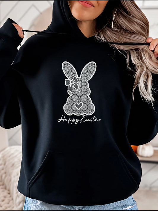 Easter Bunny Print Hoodie with Bow and Heart Detail Women Spring Festival Wear