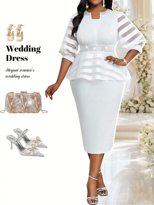 Elegant White Peplum Dress with Crystal Belt & Bishop Sleeves for Plus