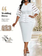 Elegant White Peplum Dress with Crystal Belt & Bishop Sleeves for Plus