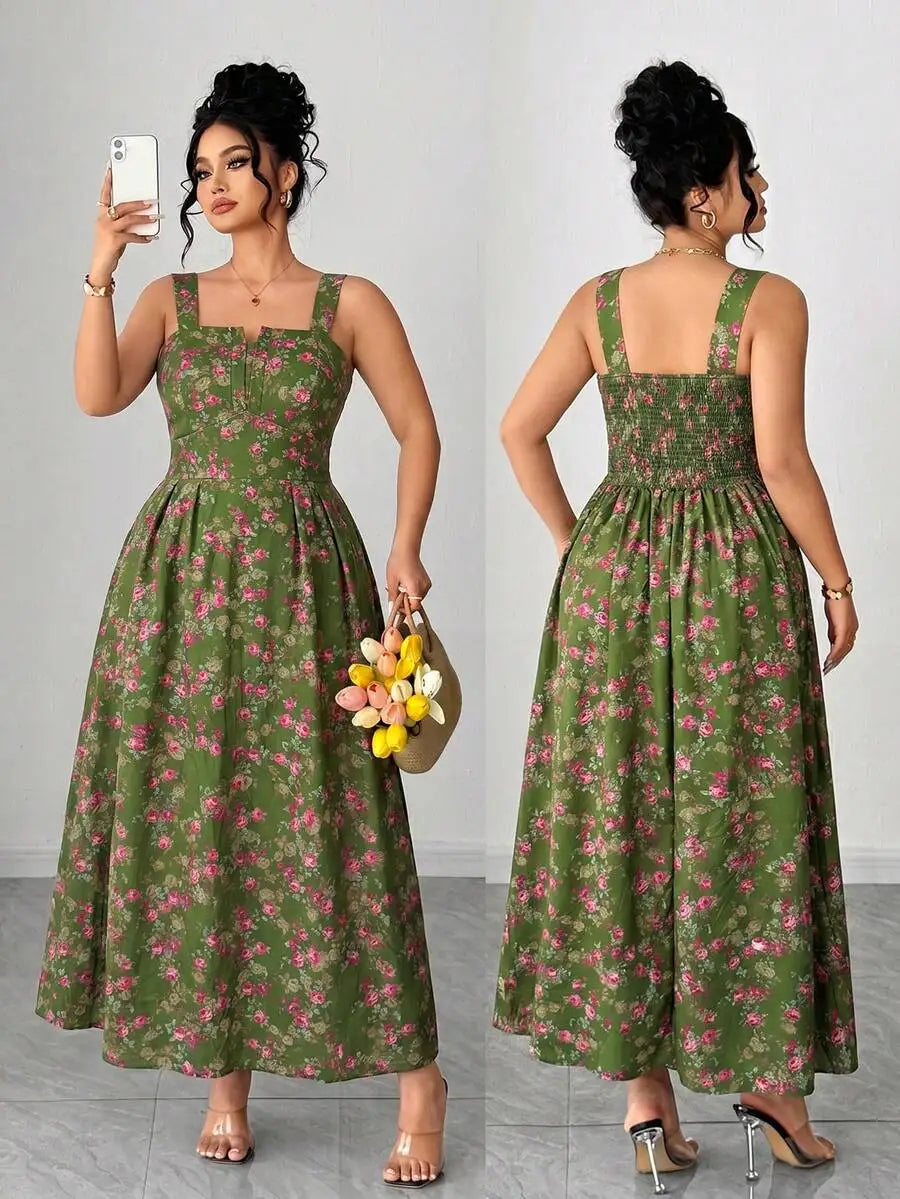 Plus Size Women's Floral Print Spaghetti Strap A-Line Midi Dress