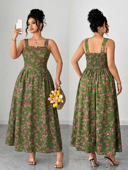 Plus Size Women's Floral Print Spaghetti Strap A-Line Midi Dress