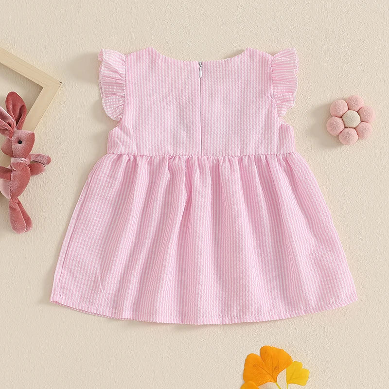 Toddler Baby Girl Summer Dress Ruffle Sleeveless Round Neck Bunny Embroidery Loose Vacation Dress