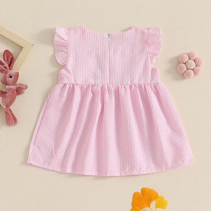 Toddler Baby Girl Summer Dress Ruffle Sleeveless Round Neck Bunny Embroidery Loose Vacation Dress