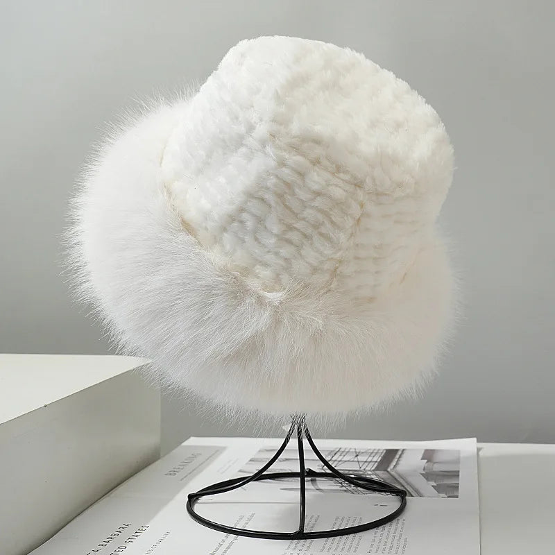 Classical Black White Fluffy Fur Women Bucket Hat  Mongolian Cap  Cold-proof Furry Basin Caps