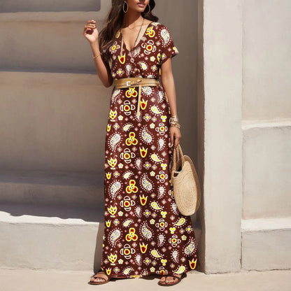 Women Slim Floral Print Long Dresses With Belt  2pcs A Line Maxi Dress Female Short Sleeve Streetwear Dresses