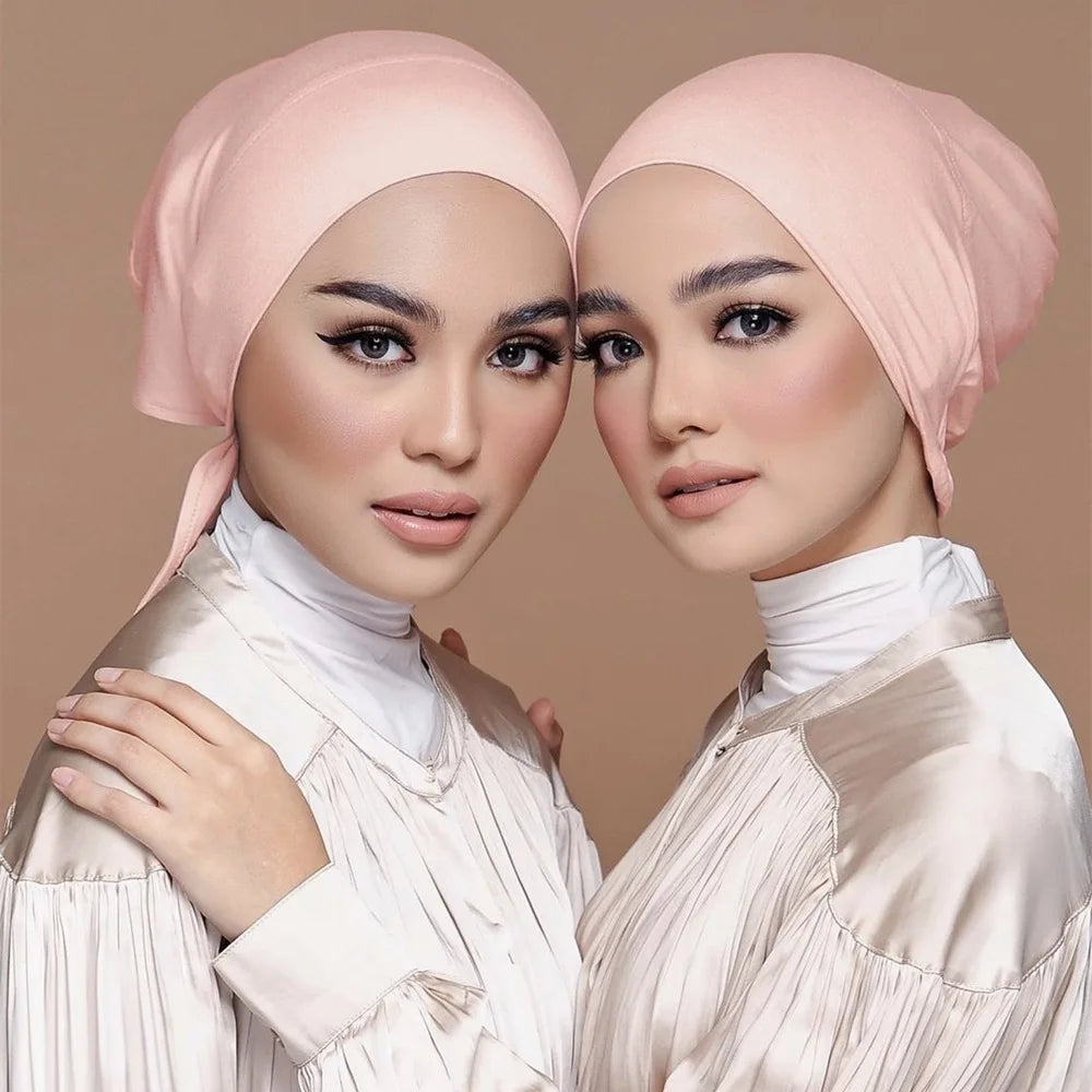 Double Layer Modal Satin Hijab Cap Islam Tie Bonnet Instant Hijabs for Women Turkish Scarves
