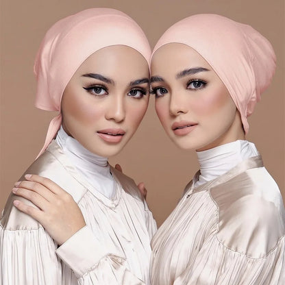 Double Layer Modal Satin Hijab Cap Islam Tie Bonnet Instant Hijabs for Women Turkish Scarves