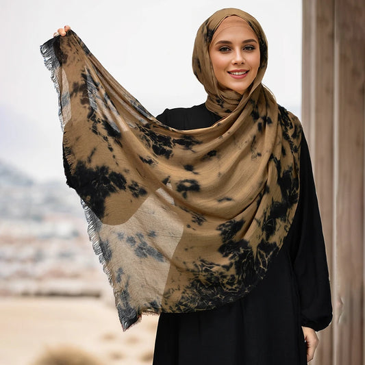 Print Muslim Hijab Breathable Woven Tie-Dye Colorful Shawls Muslim Women Head Scarf