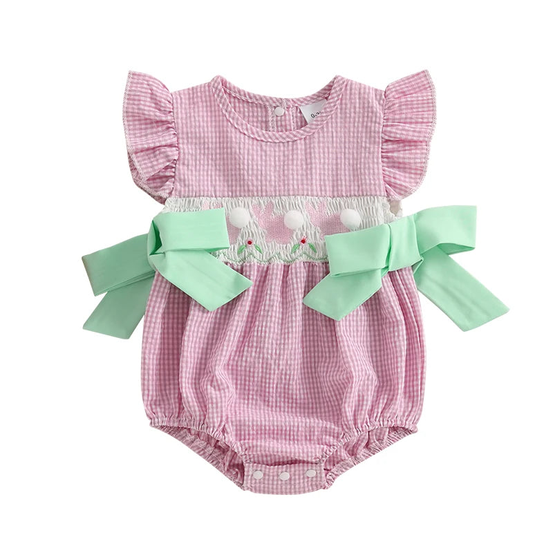 Baby Girls Rompers Easter Clothes Rabbit Embroidery Plaid Fly Sleeve Summer Bodysuits Jumpsuits
