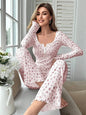Sleepwear Women Floral Print Lettuce Trim Top with Long Pant Lovely Loungewear Full Sleeve Nightwear