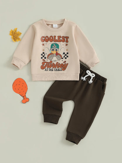 Baby Boy Thanksgiving Outfits Turkey Print Long Sleeve Round Neck Pullover Elastic Waist Solid Pants 2 Pcs Set for Fall