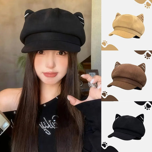 Cat Ears Beret For Women Cloud Octagonal  Vintage Peaked Caps Beanies Fashion Painter Artist Hat