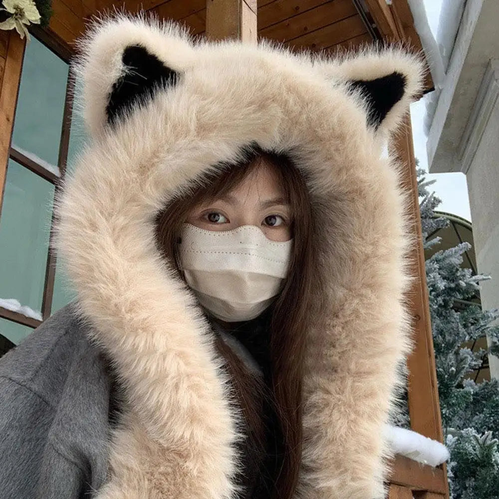 Cute Fox Ear Fluffy Hat Scarf Warm Thick Plush Hooded Scarf For Women Windproof Protection Ear Hat