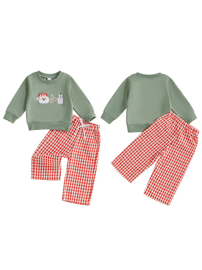 Infant Christmas Costume Reindeer Embroidery Hoodie Plaid Elastic Waist Pants 2 Piece Set for Baby Boy Girl