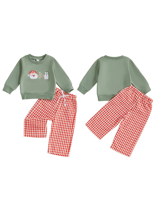 Infant Christmas Costume Reindeer Embroidery Hoodie Plaid Elastic Waist Pants 2 Piece Set for Baby Boy Girl