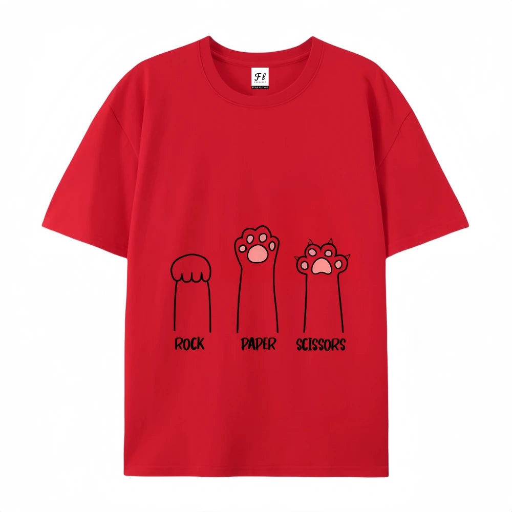 Rock Paper Scissors T-Shirt Casual Crewneck Tops Summer Cotton Loose  FunnyCat Print Clothes Women Fashion Oversize