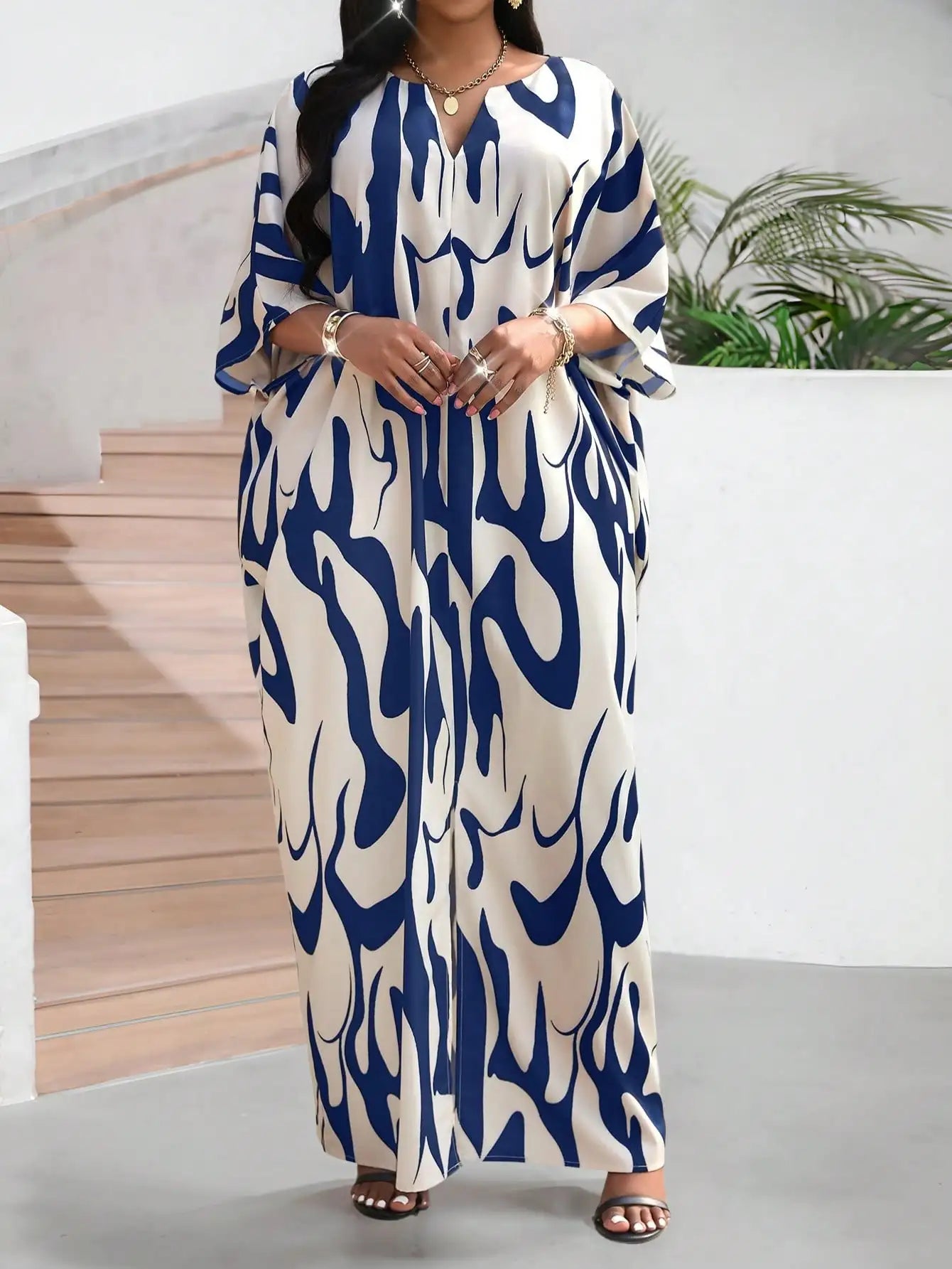 Plus Size Maxi Dress  Abstract Black & Cream Print, Loose Fit, V-Neck,  Casual Wear