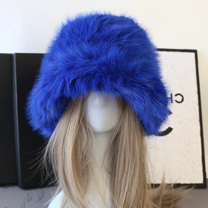 Fluffy Faux Fur Bucket Hats Women Fuzzy Wide Brim Thick Plush Winter Hat Lady Long Pile Fur Panama Furry