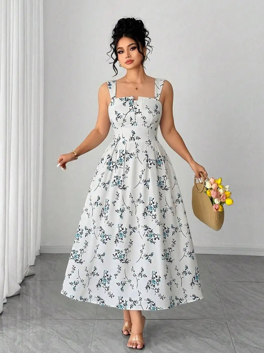 Plus Size Women's Floral Print Spaghetti Strap A-Line Midi Dress