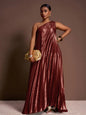 Olive Green Shiny Pleated One-Shoulder Maxi Dress for Plus Size