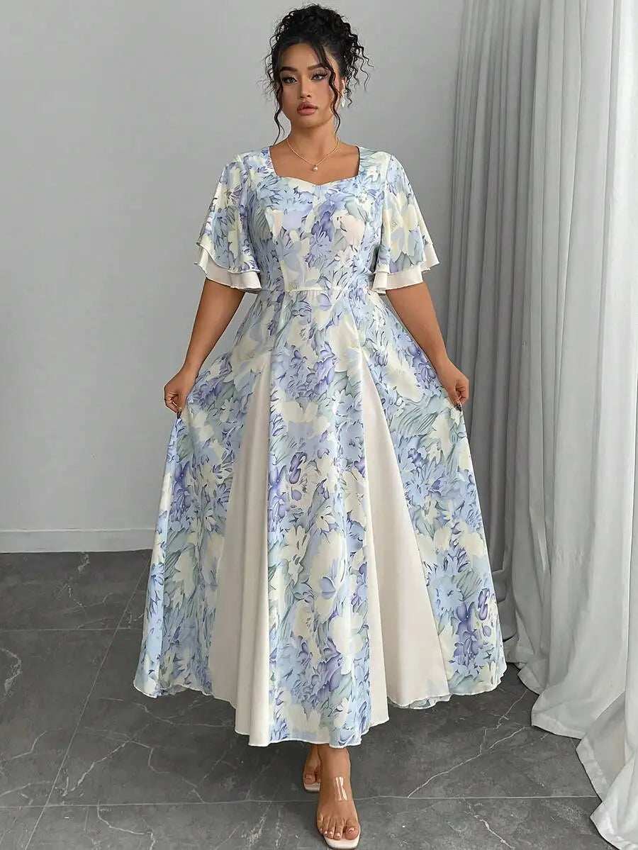 Plus Size Floral Print Square Neck Flutter Sleeve A-Line Midi Dress
