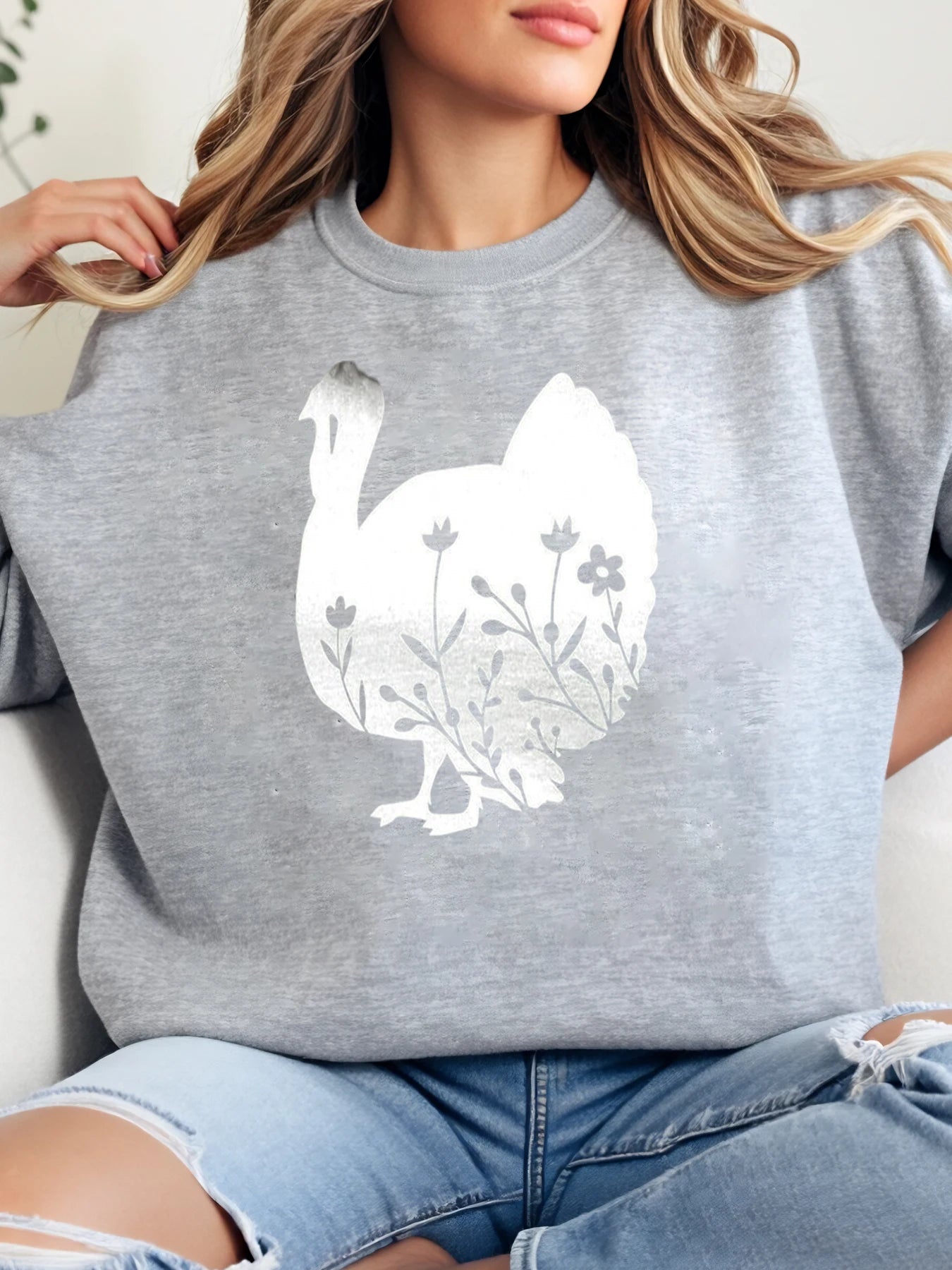 Floral Duck Print Easter Sweatshirt Women Casual Spring Outfit Gray Plus-Size