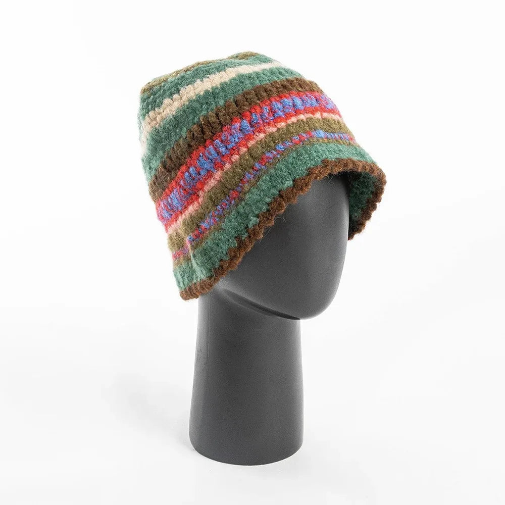 Hand Woven Hat Colorful Knitted Bucket Hat for Winter Hand Crochet Hat