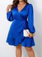 Plus Size Royal Blue Satin Wrap Dress with Lantern Sleeves and Side Tie