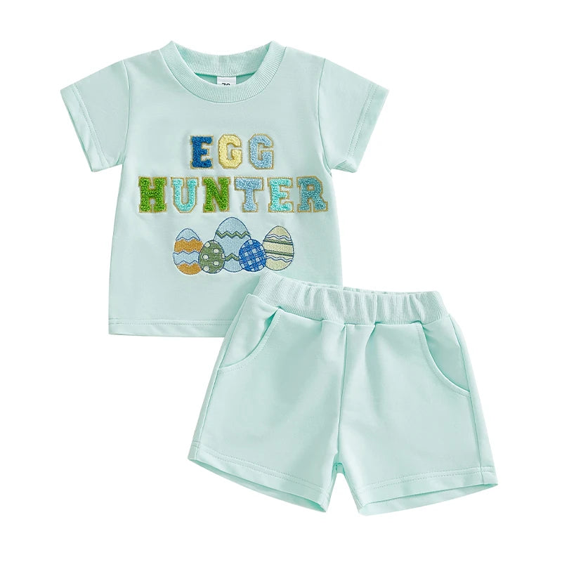 Summer Kids Boys Easter Shorts Set Short Sleeve Embroidery Letters Eggs T-shirt with Shorts Clothes Outfit