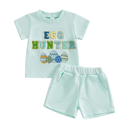 Summer Kids Boys Easter Shorts Set Short Sleeve Embroidery Letters Eggs T-shirt with Shorts Clothes Outfit