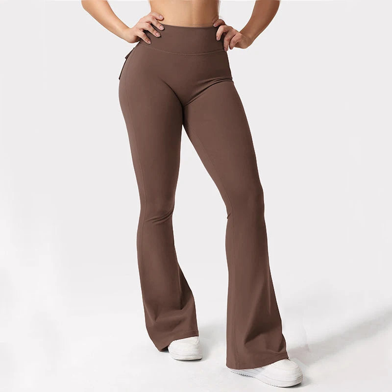 Women's Yoga Flare Trousers, High-Waisted Tummy-Control Wide-Leg s with Pockets