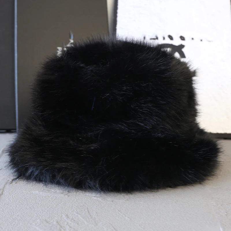 Fluffy Faux Fur Bucket Hats Women Fuzzy Wide Brim Thick Plush Winter Hat Lady Long Pile Fur Panama Furry