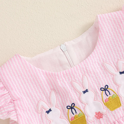 Toddler Baby Girl Summer Dress Ruffle Sleeveless Round Neck Bunny Embroidery Loose Vacation Dress