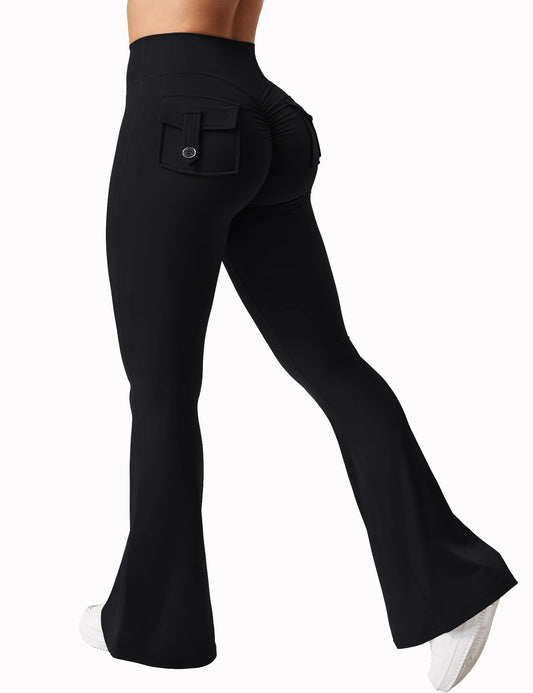 Women's Yoga Flare Trousers, High-Waisted Tummy-Control Wide-Leg s with Pockets