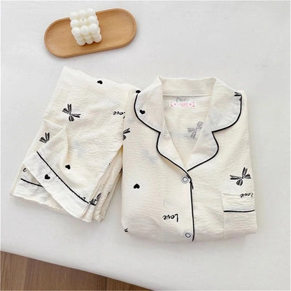 Womens Cotton Pajama Set Long Sleeve Button Down Shirt and Lounge Pants 2 Piece Cute Sets