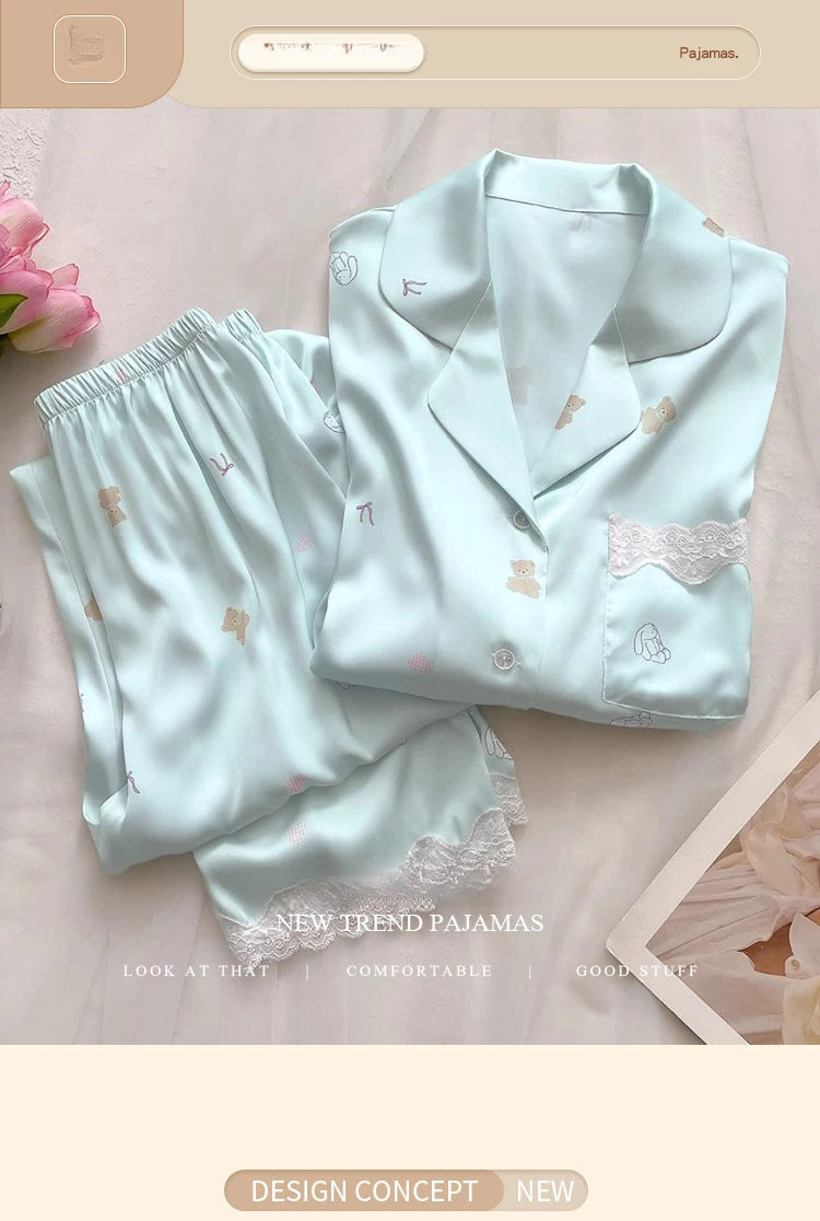 Bear Print Pajamas Women Cool Ice Silk Short Sleeve Pants Loungewear Cardigan Lace Fall and Winter Two-Piece Set Plus Size
