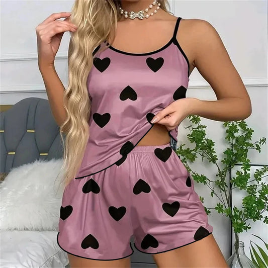 Ice Silk Pajamas for Women, Cute Heart Print Short Sleeve Sleepwear Set, Cool & Breathable for Hot Summer Nights