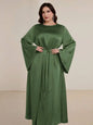 Plus Size Brown Satin Dress with Flared Sleeves and Pearl Trim