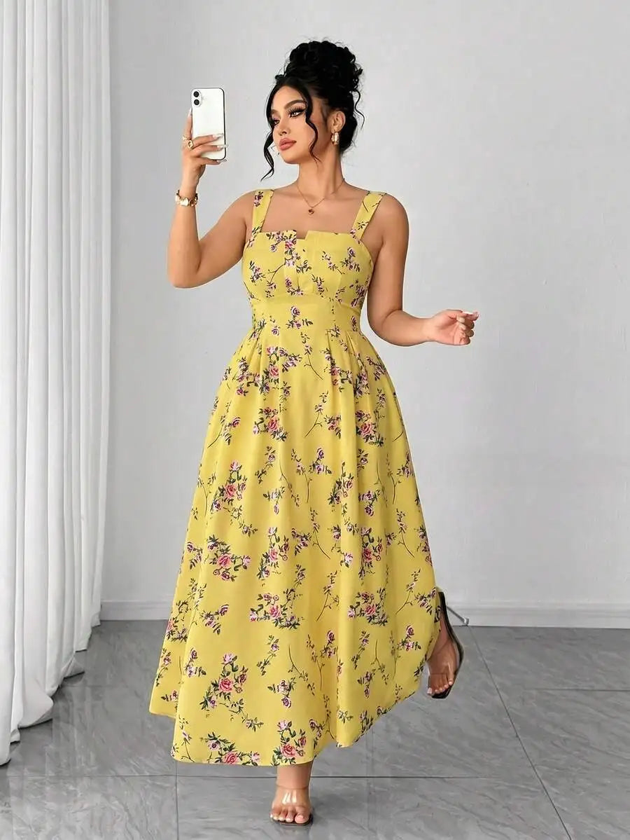 Plus Size Women's Floral Print Spaghetti Strap A-Line Midi Dress