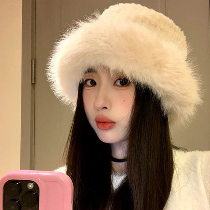 Classical Black White Fluffy Fur Women Bucket Hat  Mongolian Cap  Cold-proof Furry Basin Caps