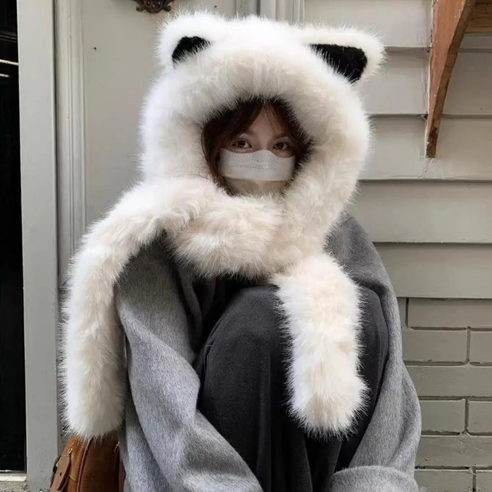 Cute Fox Ear Fluffy Hat Scarf Warm Thick Plush Hooded Scarf For Women Windproof Protection Ear Hat